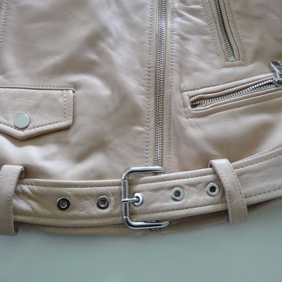 UTERQUE LAMBSKIN ROSEPETALS/BEIGE LEATHER BIKER JACKET SIZE SMALL NEW NO TAGS - Picture 12 of 15
